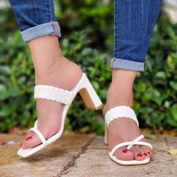 Women's White Braided Chunky Block Heel Slide Sandals - Picture 4 of 5